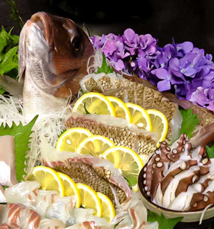 切って盛られた鯛の刺身と添えられた紫陽花